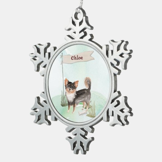 Individuelle Name Langhaariger Chihuahua Haustier Schneeflocken Zinn-Ornament (Rechts)