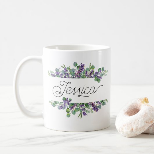 Individuelle Name Lavender Floral Tasse (Mit Donut)