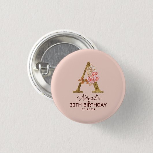 Individuelle Name Letter A Gold Rosa Roses Button (Vorne & Hinten)
