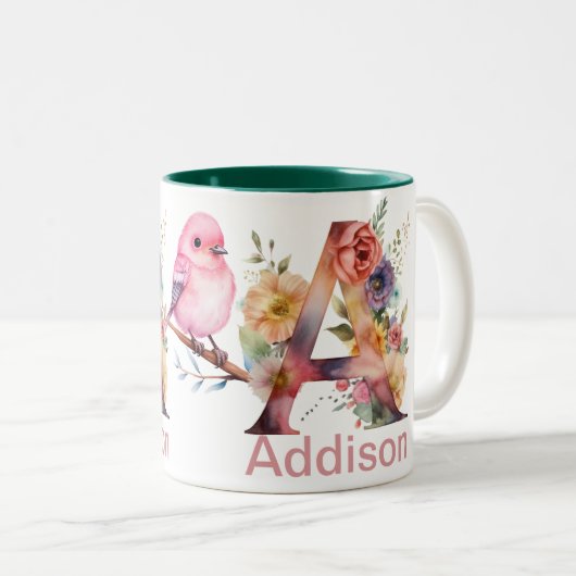 Individuelle Name Letter A Monogram | Blumenmuster Zweifarbige Tasse (VorderseiteRechts)