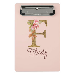 Individuelle Name Letter F Gold Foil Rose Rose Ros Mini Klemmbrett