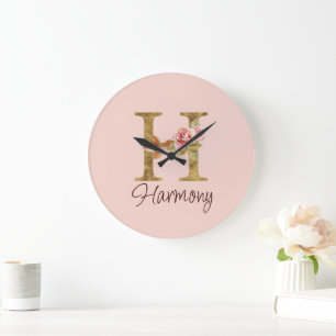 Individuelle Name Letter H Gold Foil Rose Rose Ros Große Wanduhr