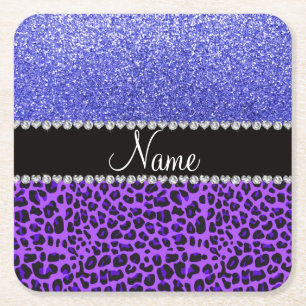 Individuelle Name lila Leopard Neonblau Glitzer Rechteckiger Pappuntersetzer