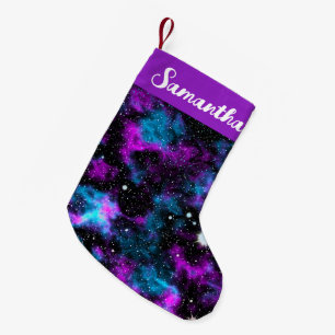Individuelle Name Lila und Blauer Galaxie Kosmisch Kleiner Weihnachtsstrumpf