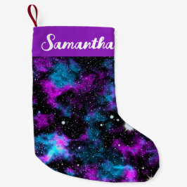 Individuelle Name Lila und Blauer Galaxie Kosmisch Kleiner Weihnachtsstrumpf