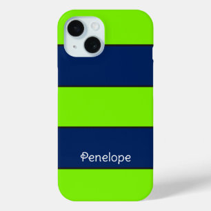 Individuelle Name Lime Green Dark Blue Stripes Case-Mate iPhone Hülle