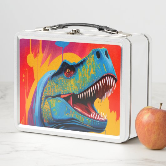 Individuelle Name Lunch Box, farbenfrohe T-Rex Din Metall Brotdose (Beispiel)
