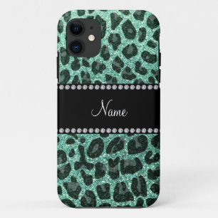 Individuelle Name Meeresfrüchte-Grün Glitzer Leopa iPhone 11 Hülle