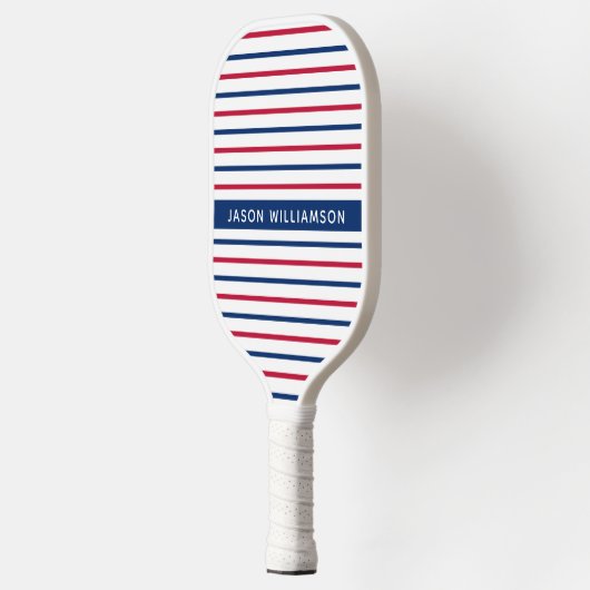 Individuelle Name Minimalistisch Rot und Blau Stre Pickleball Schläger (Links)