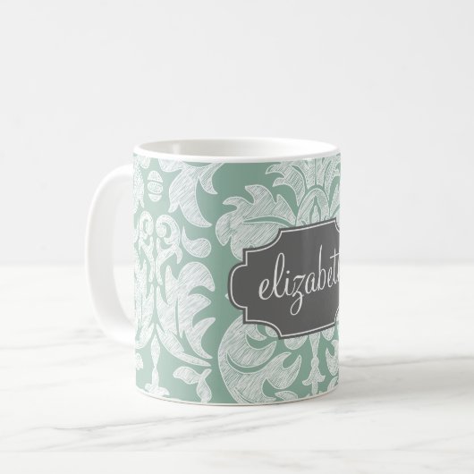 Individuelle Name Minze und Grau Damask Kaffeetasse (Vorderseite Links)