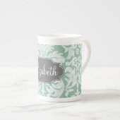 Individuelle Name Minze und Grau Damask Porzellantasse (Vorderseite Rechts)