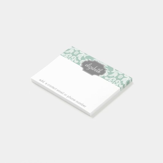 Individuelle Name Minze und Grau Damask Post-it Klebezettel (angewinkelt)