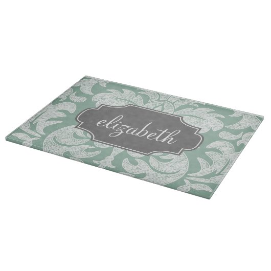 Individuelle Name Minze und Grau Damask Schneidebrett (Ecke)