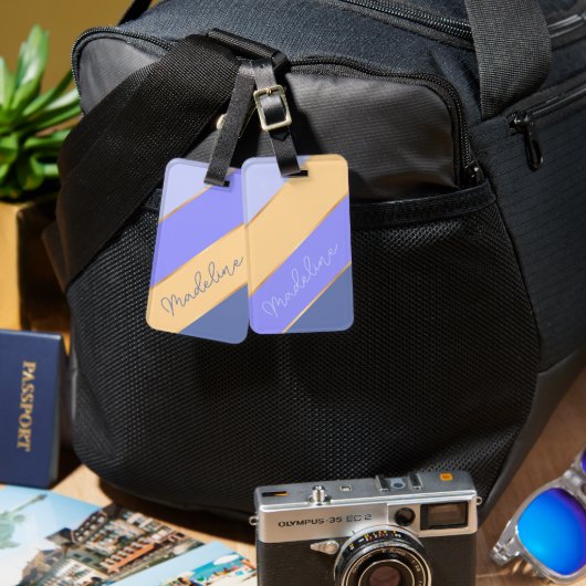 Individuelle Name mit blauem Violett-Lavendel-Gelb Gepäckanhänger (Vorderseite & Rückseite)