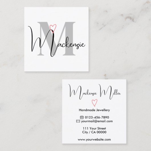 Individuelle Name Mit Monogramm Kalligrafie Rosa H Quadratische Visitenkarte (Vorne/Hinten)