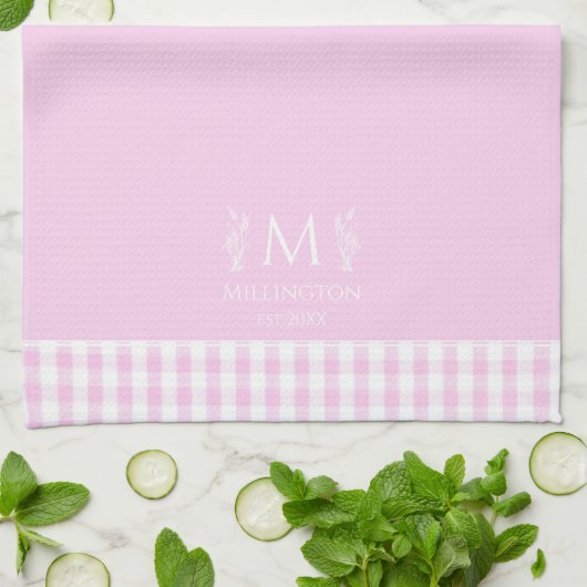 Individuelle Name Mit Monogramm Pink & White Gingh Geschirrtuch (Gefaltet)