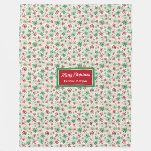 Individuelle Name mit roten und grünen Schneeflock Fleecedecke (Vorderseite)