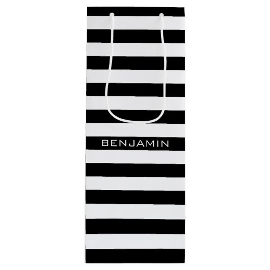 Individuelle Name mit schwarzem und weißem Streife Geschenktüte Für Weinflaschen (Vorderseite)