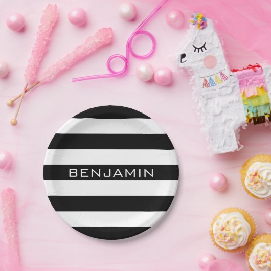 Individuelle Name mit schwarzem und weißem Streife Pappteller (Party)