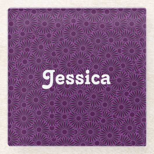 Individuelle Name mit violetten Blumen auf schwarz Glasuntersetzer (Vorderseite)