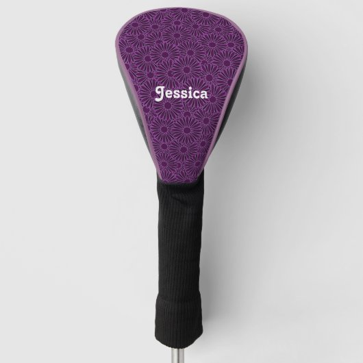Individuelle Name mit violetten Blumen auf schwarz Golf Headcover (Vorderseite)