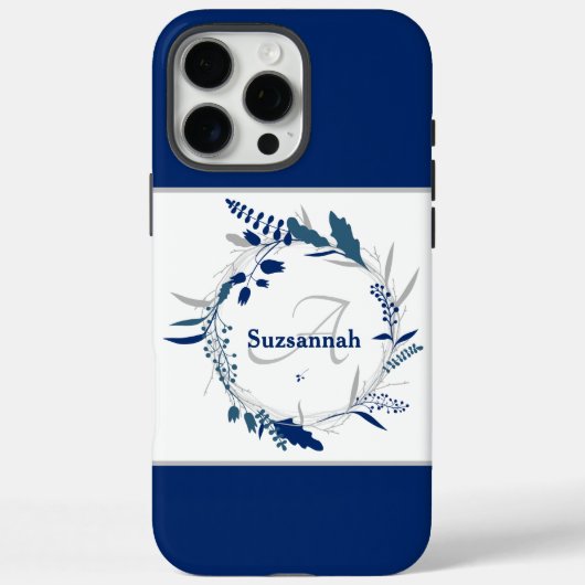Individuelle Name Monogram Blue Floral Wreath Case-Mate iPhone Hülle (Rückseite)