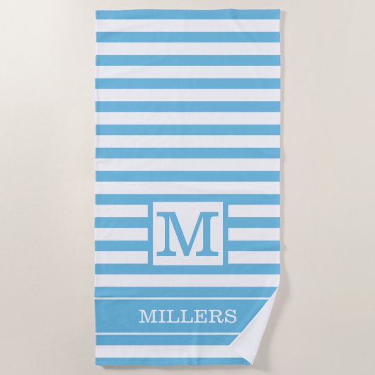 Individuelle Name Monogram, hellblau und weiß gest Strandtuch (Vorderseite)