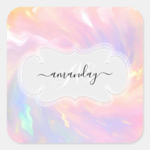 Individuelle Name Monogram Holographic Unicorn Pri Quadratischer Aufkleber