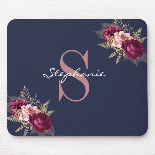 Individuelle Name Monogram Pink Burgundy Gold Flor Mousepad (Vorne)