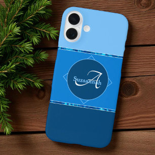 Individuelle Name Monogram Three Blue Ombre Stripe iPhone 16 Plus Hülle