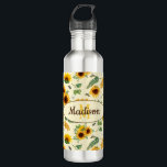 Individuelle Name Monogram Water Flasche Sonnenblu Edelstahlflasche<br><div class="desc">Individuell gestaltbare Name und monogramm Wasserflasche mit einem Druck von bemalten Gartensonnenblumen,  Wabenrüben und Honigbienen,  Gelb- und Grüntönen.</div>