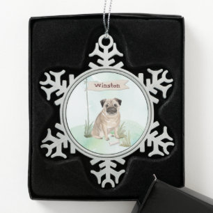 Individuelle Name Mops Haustier Hund Schneeflocken Zinn-Ornament