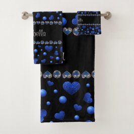Individuelle Name, Muster des blauen Herzens Glitz Badhandtuch Set