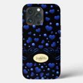 Individuelle Name, Muster des blauen Herzens Glitz Case-Mate iPhone Hülle (Rückseite)