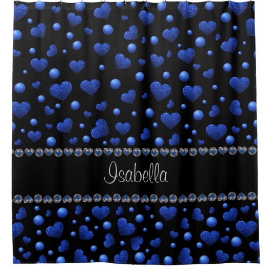 Individuelle Name, Muster des blauen Herzens Glitz Duschvorhang (Vorderseite)
