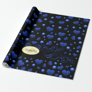 Individuelle Name, Muster des blauen Herzens Glitz Geschenkpapier