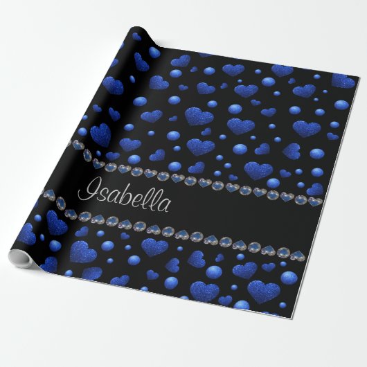 Individuelle Name, Muster des blauen Herzens Glitz Geschenkpapier (Ungerollt)