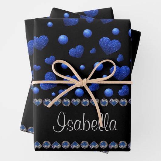 Individuelle Name, Muster des blauen Herzens Glitz Geschenkpapier Set (Beispiel)