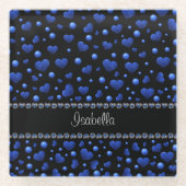 Individuelle Name, Muster des blauen Herzens Glitz Glasuntersetzer (Vorderseite)