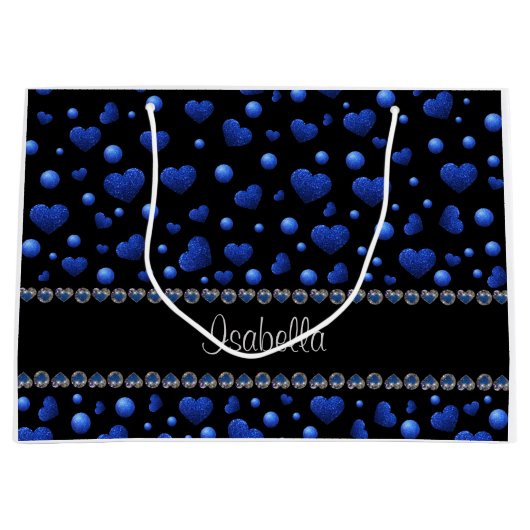 Individuelle Name, Muster des blauen Herzens Glitz Große Geschenktüte (Vorderseite)