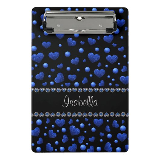 Individuelle Name, Muster des blauen Herzens Glitz Mini Klemmbrett (Vorderseite)
