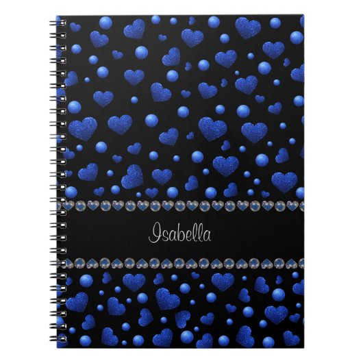 Individuelle Name, Muster des blauen Herzens Glitz Notizblock (Vorderseite)