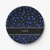 Individuelle Name, Muster des blauen Herzens Glitz Pappteller (Vorderseite)