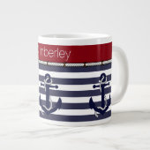 Individuelle Name Nautic Anchors Stripes Muster Jumbo-Tasse (Vorderseite Rechts)
