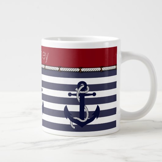 Individuelle Name Nautic Anchors Stripes Muster Jumbo-Tasse (Rechts)