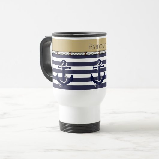 Individuelle Name Nautic Anchors Stripes Muster Reisebecher (Vorderseite Links)