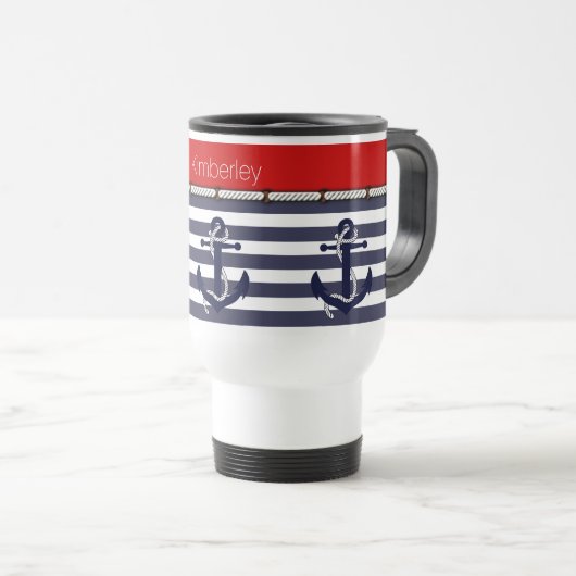 Individuelle Name Nautic Anchors Stripes Muster Reisebecher (VorderseiteRechts)