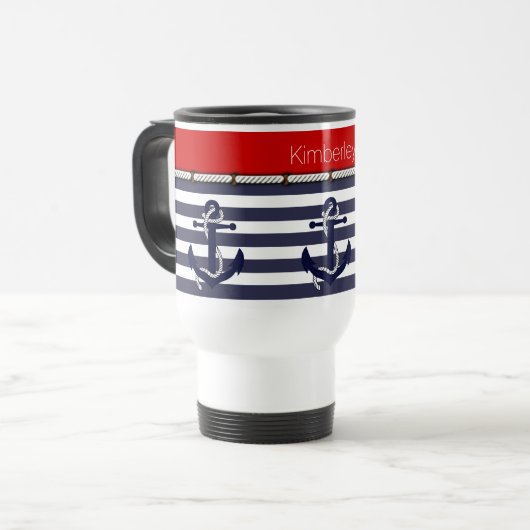 Individuelle Name Nautic Anchors Stripes Muster Reisebecher (Vorderseite Links)