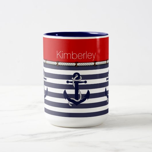 Individuelle Name Nautic Anchors Stripes Muster Zweifarbige Tasse (Mittel)