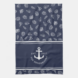 Individuelle Name Nautical Navy Blue White Anchor Geschirrtuch